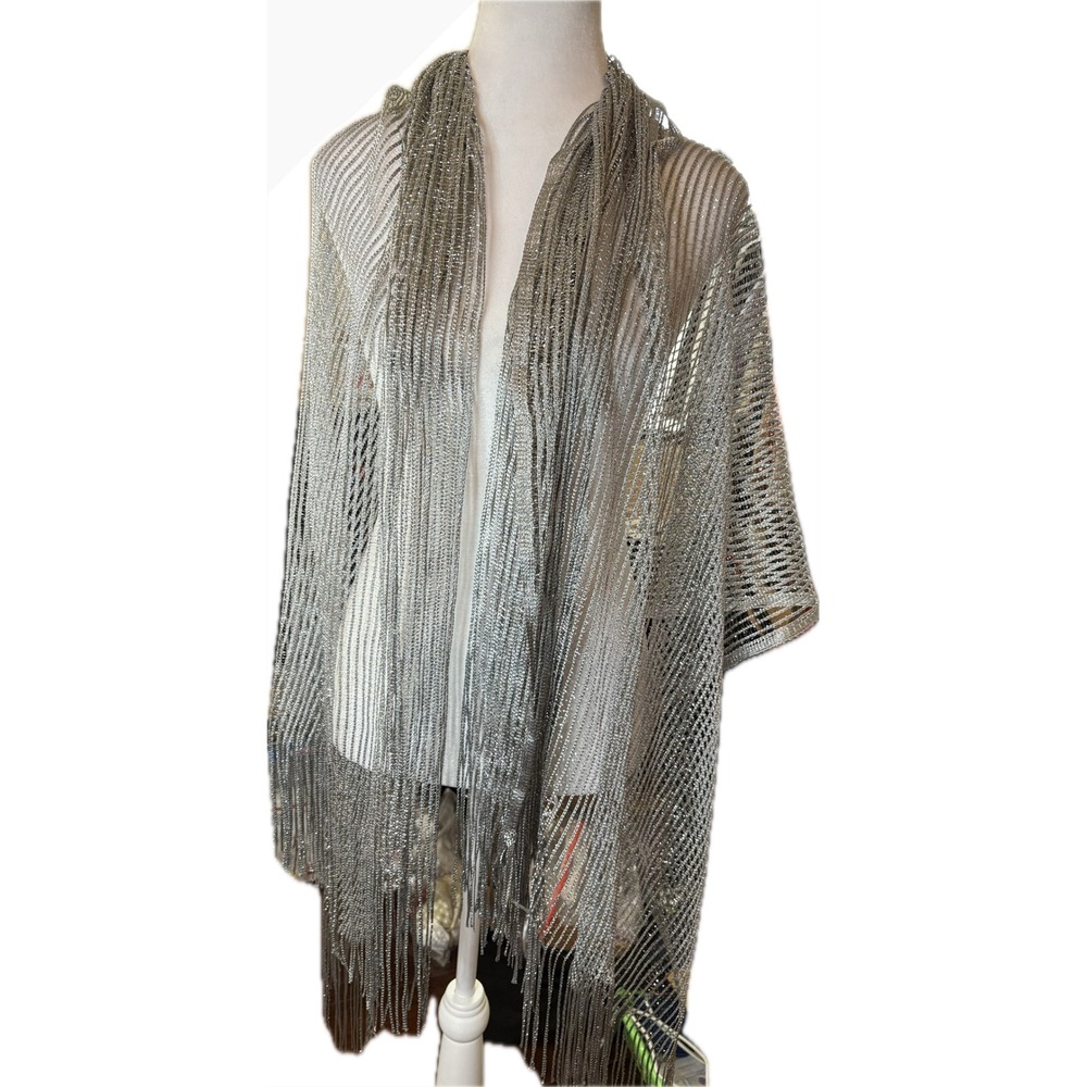 Silver Metallic Knit Fringe Poncho Wrap Shawl Metallic Mesh Evening Layering Top - Picture 3 of 3